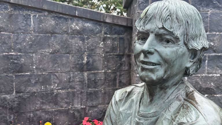 Statue of Joey Dunlop, motorcycle racing legend from Ballymoney eiqrrirdiddqinv