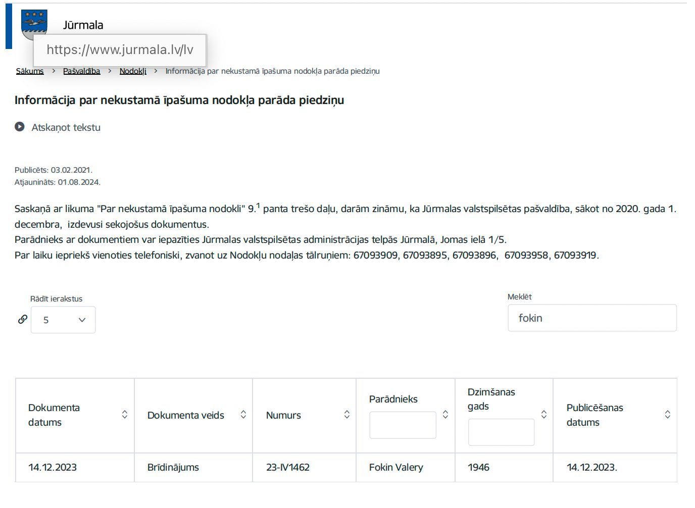 Valery Fokin’s property tax debt for his apartment in Jūrmala.