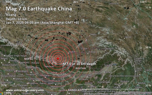 Jan. 7, 2025: China was shaken near Shigatse, Tibet, by an earthquake of magnitude 7.0 only 13 minutes ago, the German Research Centre for Geosciences (GFZ) reported. The quake hit at a shallow depth of 10 km beneath the epicenter near Shigatse, Tibet, China, in the morning on Tuesday, January 7th, 2025, at 9:05 am local time. Shallow earthquakes are felt more strongly than deeper ones as they are closer to the surface. The exact magnitude, epicenter, and depth of the quake might be revised within the next few hours or minutes as seismologists review data and refine their calculations, or as other agencies issue their report. eiqrtiqzuideqinv