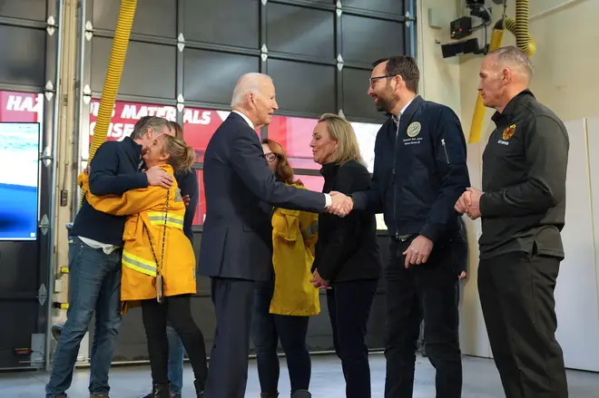 President Joe Biden greets firefighters at the Santa Monica Fire Department Station 5 in Santa Monica, Calif., Wednesday, Jan. 8, 2025 and to speak regarding the ongoing wildfires impacting Southern California. (AP Photo/Stephanie Scarbrough)