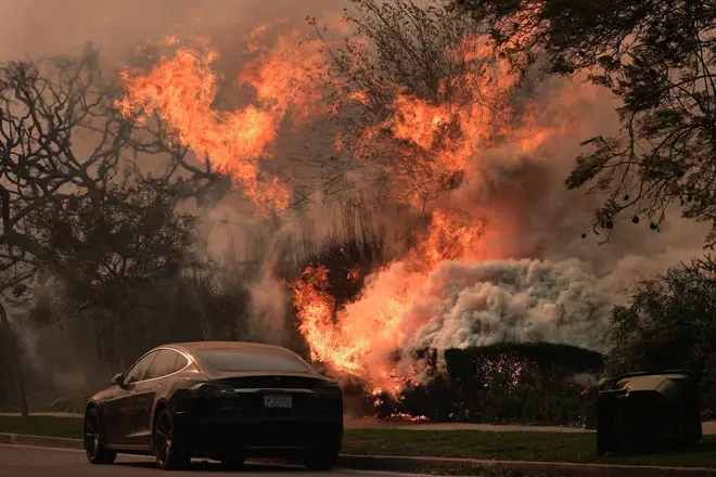 The Palisades Fire ravages a neighborhood amid high winds in the Pacific Palisades neighborhood of Los Angeles, Wednesday, Jan. 8, 2025. (AP Photo/Damian Dovarganes)