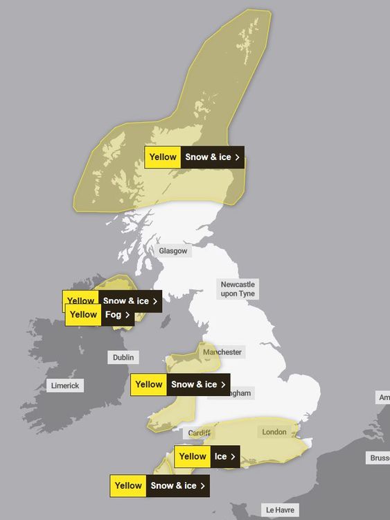 Met office weather warnings for Thursday Pic: Met Office