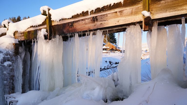 Icicles hang from the Killhope Lead Mine in Durham.
Pic: PA