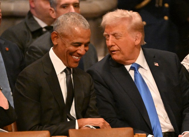 Former US President Barack Obama speaks with President-elect Donald Trump before the State Funeral Service for former US President Jimmy Carter at the Washington National Cathedral in Washington, DC, on January 9, 2025. (Photo by ROBERTO SCHMIDT / AFP) (Photo by ROBERTO SCHMIDT/AFP via Getty Images) eiqehiqerikkinv