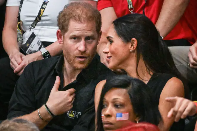 Meghan, the Duchess of Sussex and Prince Harry, the Duke of Sussex watch the wheelchair basketball final game between Team USA and Team France