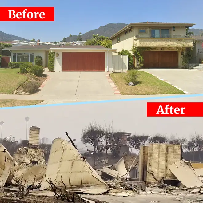 Fire damage on Wakecrest Avenue in Malibu, California.