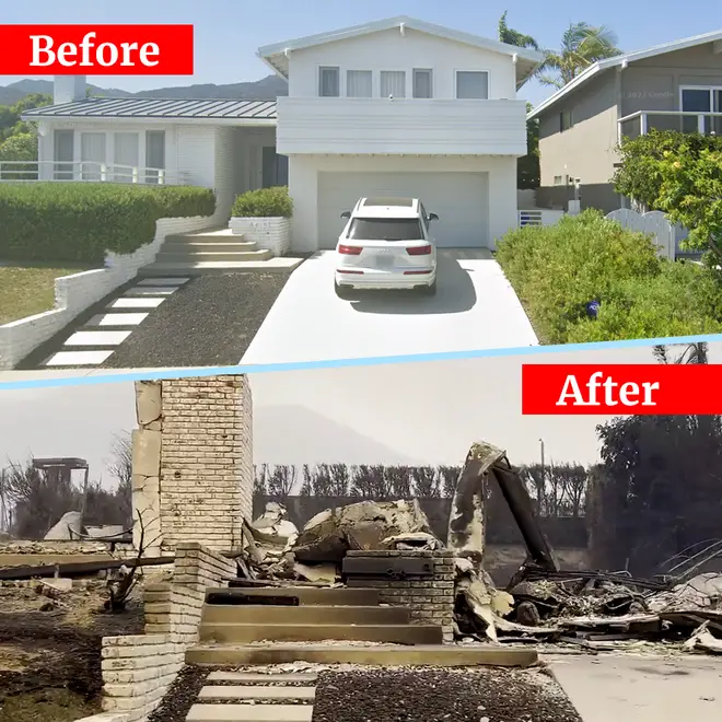 Fire damage on Wakecrest Avenue in Malibu, California.