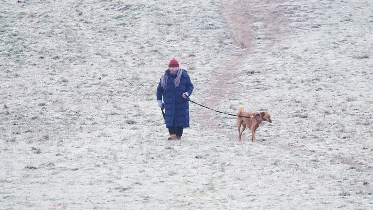 A woman walking a dog in a frost covered Greenwich Park, south London. Temperatures will continue to fall over the coming days, with the mercury potentially reaching minus 20C in northern parts of the UK on Friday night. Weather warnings for ice are in place across the majority of Wales and Northern Ireland, as well as large parts of the east of England. Picture date: Friday January 10, 2025. PA Photo. See PA story WEATHER Winter. Photo credit should read: Yui Mok/PA Wire 