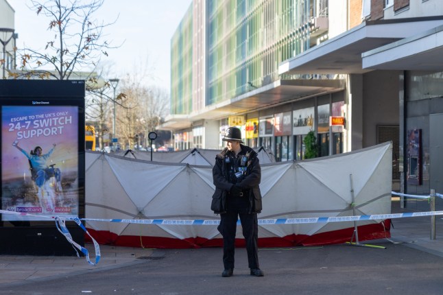 United Kingdom, Bedford 09 January 2025: Police at the scene of a stabbing in Bedford Bus Station. Police were called to Allhallows, Bedford at 5:50pm yesterday evening to reports of that ???a man had been seriously injured.??? A corden is still in place and a number of shops have been closed. Credit: Toby Shepheard / Story Picture Agency