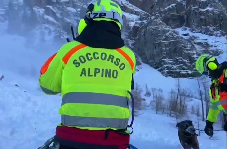 Alpine rescue workers assisting a dog in snowy mountains.