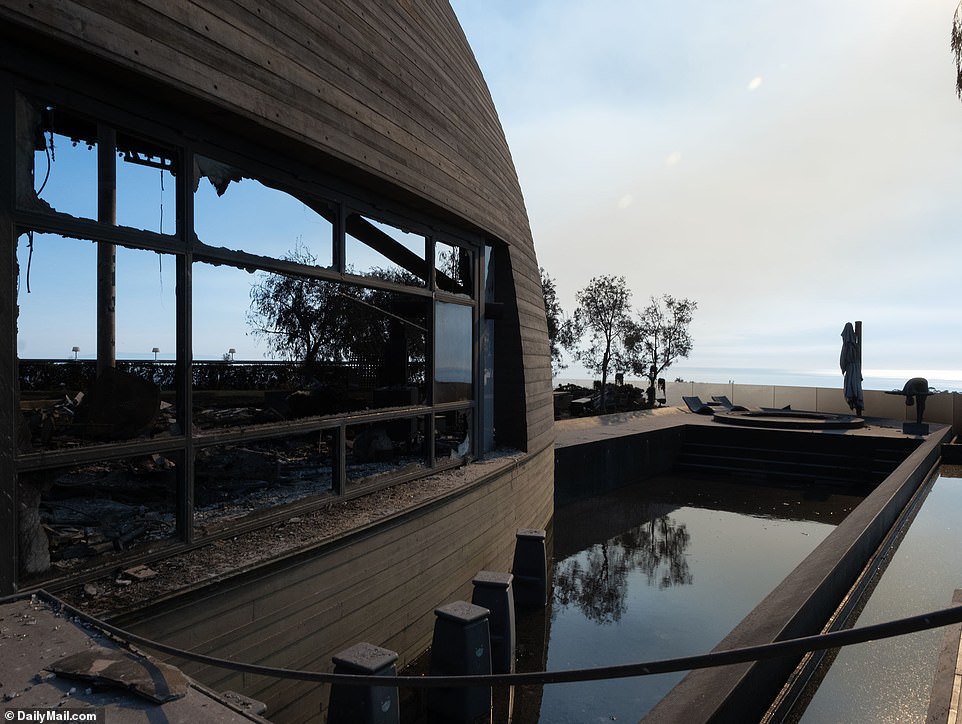 The outdoor pool, once the focal point of the garden, is now a singed wooden pit filled with murky black water