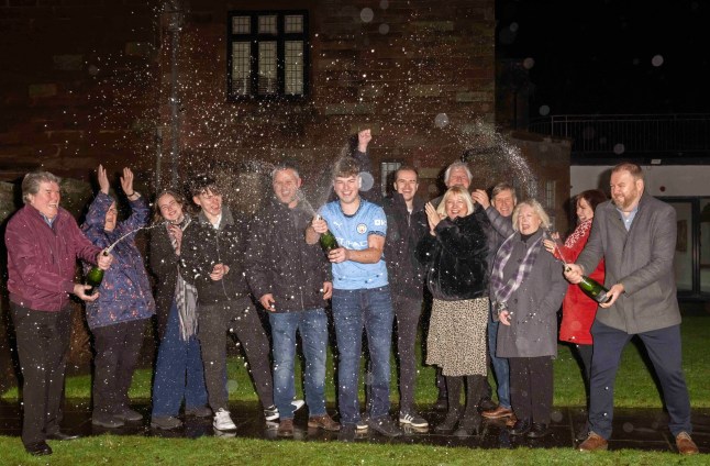 **FREE FOR EDITORIAL USE** 20-year-old James Clarkson celebrates winning ??7,533,329 on the National Lottery with his parents, grandparents and family members at Dalston Hall near Carlisle, UK. Picture date: Monday January 13, 2025. Photo credit should read: Anthony Devlin