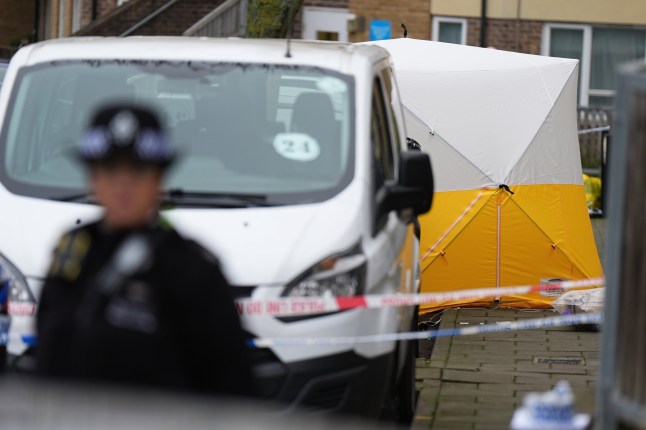 A forensic police tent where mum Michelle Sadio was shot in Willesden, London. qhidddiqqtiqttinv