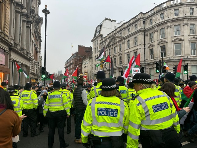 LONDON, UNITED KINGOM - JANUARY 18: Tens of thousands of Palestine supporters demonstrate despite police banning the previously agreed route and imposing severe restrictions on Whitehall Street, where the Prime Minister’s Office is located in London, United Kingdom on January 18, 2025. (Photo by Aysu Bicer/Anadolu via Getty Images)