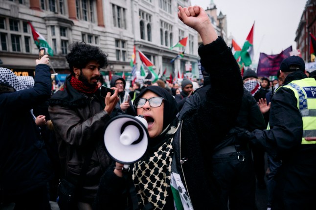 Protesters gather on Whitehall in central London at a National demonstration for Palestine, on January 18, 2025, organized by the Palestine Solidarity Campaign. Following the Metropolitan Police preventing a march from the BBC in London because the route passed a synagogue, protesters supporting 