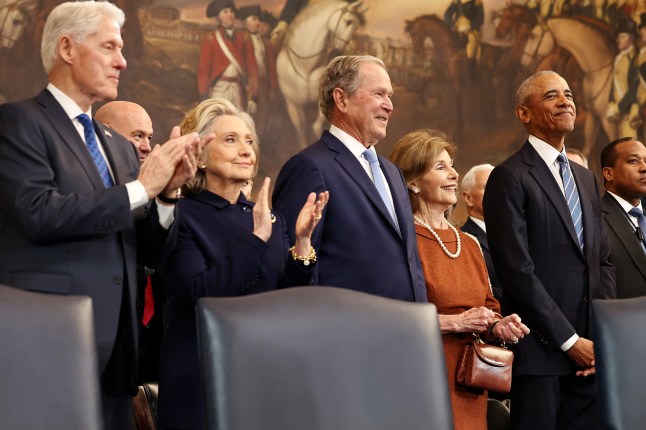 WASHINGTON, DC - JANUARY 20: (L-R) Former U.S. President Bill Clinton, former U.S. Secretary of State Hillary Clinton, former U.S. President George W. Bush, former first lady Laura Bush and former U.S. President Barack Obama arrive to the inauguration of U.S. President-elect Donald Trump in the Rotunda of the U.S. Capitol on January 20, 2025 in Washington, DC. Donald Trump takes office for his second term as the 47th president of the United States. (Photo by Chip Somodevilla/Getty Images)