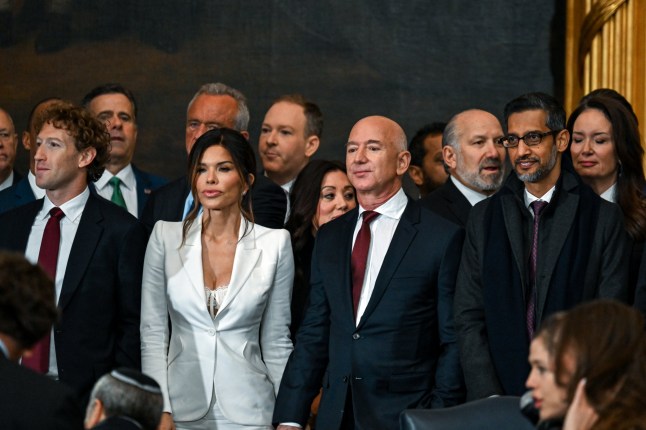 WASHINGTON, DC - JANUARY 20: Meta CEO Mark Zuckerberg, Lauren Sanchez, Amazon founder Jeff Bezos and Google CEO Sundar Pichai attend the inauguration of U.S. President-elect Donald Trump in the U.S. Capitol Rotunda on January 20, 2025 in Washington, DC. Donald Trump takes office for his second term as the 47th President of the United States. (Photo by Kenny Holston-Pool/Getty Images)