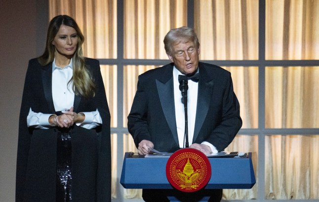 Melania Trump watches her husband, US President-elect Donald Trump, speak at a candlelight dinner at the National Building Museum in Washington, DC, on January 19, 2025, a day before his inauguration ceremony. (Photo by Jim WATSON / AFP) (Photo by JIM WATSON/AFP via Getty Images) eiqrqirxidehinv