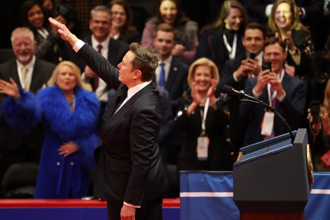 WASHINGTON, DC - JANUARY 20: Tesla, SpaceX and X CEO Elon Musk gestures as hespeaks during an inauguration event at Capital One Arena on January 20, 2025 in Washington, DC. Donald Trump takes office for his second term as the 47th president of the United States. (Photo by Justin Sullivan/Getty Images)