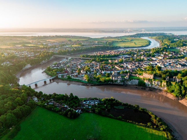 Drone view of Chepstow at morning, Wales, UK eiqehiqddiuxinv