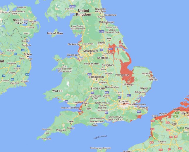 A map showing what UK areas could be underwater by 2050