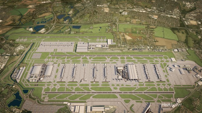 An aerial CGI visual of Heathrow Airport showing what the area would look like if third runway is built. eiqekiqkdiqztinv