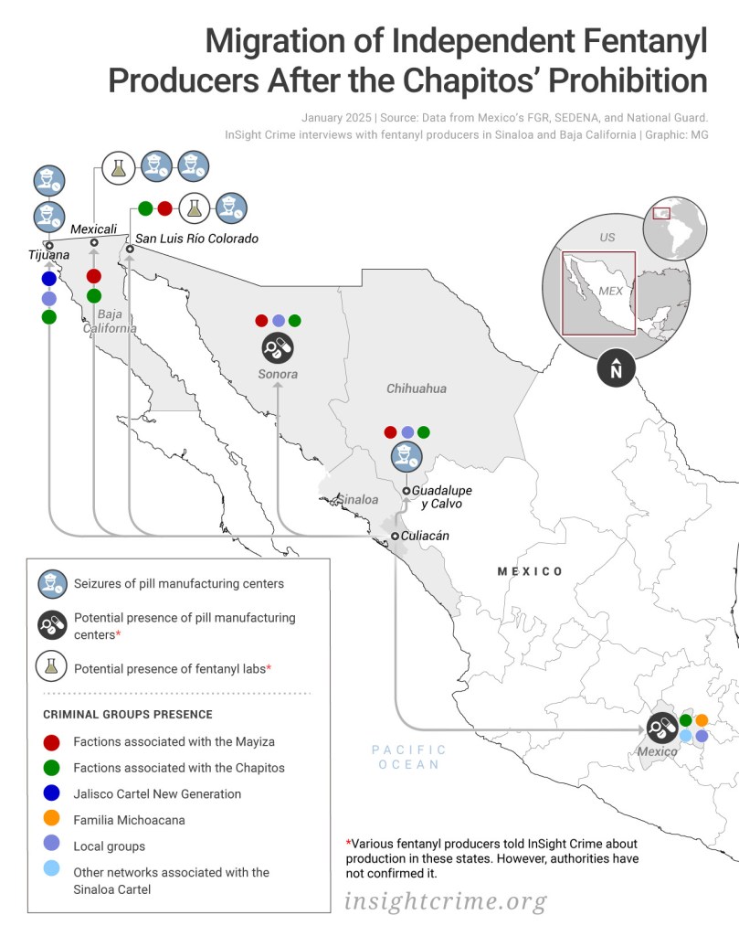 A map showing where fentanyl labs and fentanyl pill pressing sites are suspected to be located beyond Sinaloa