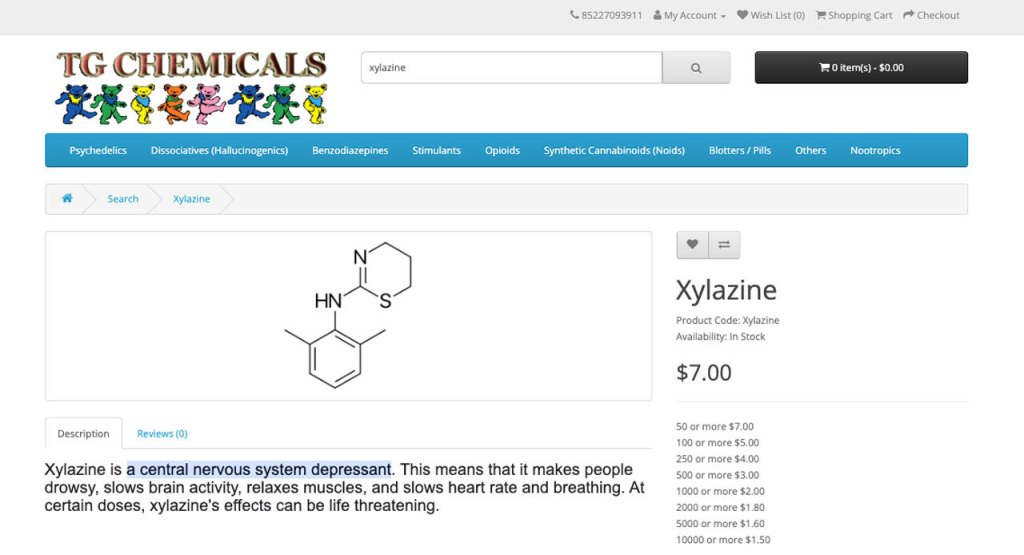 An advertisement on xylazine by Chinese chemical company TG Chemicals, where it wrongfully describes it as safe for human consumption