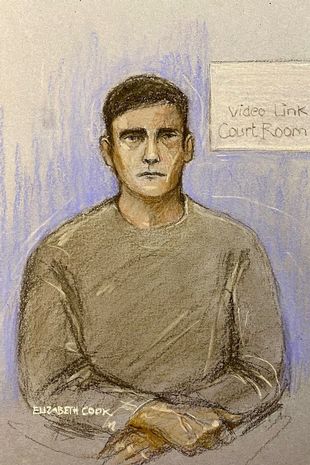 A court artist sketch by Elizabeth Cook of Steve Samson