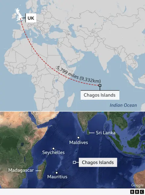 An infographic map showing where the Chagos Islands are on a world map and their proximity to the UK eiqdhiquuiqueinv