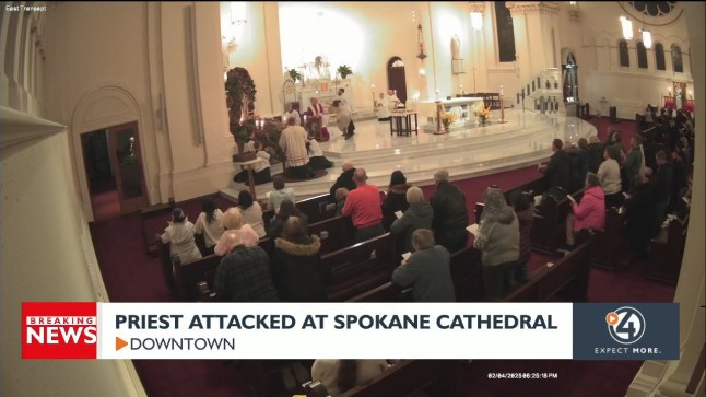 SPOKANE, Wash. ? A security camera captured the moment a priest was attacked Tuesday evening, according to church staff of the Cathedral of Our Lady of Lourdes. At approximately 6:30 p.m. on February 4, around 350-400 worshippers at the Cathedral of Our Lady of Lourdes were in the middle of mass when Joshua James Sommers stood up in a pew and charged towards Rev. David Gaines. Sommers ran up onto the alter and threw a punch that Rev. Gaines was able to dodge.