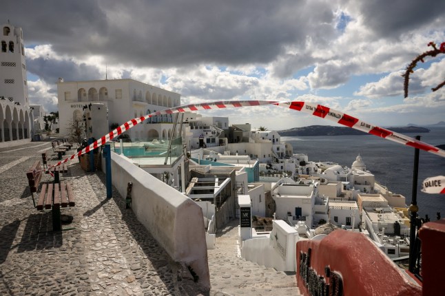 A view of a closed path in the village of Fira, as the increased seismic activity continues on the island of Santorini, Greece, February 7, 2025. REUTERS/Louisa Gouliamaki