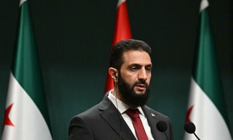 Syria’s interim president, Ahmed al-Sharaa, at a press conference in Ankara on 4 February after talks with the Turkish president. eiqrtihiruinv