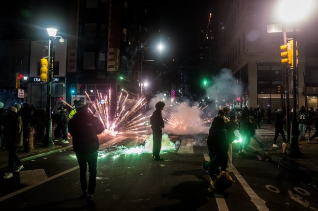 PHILADELPHIA, UNITED STATES - FEBRUARY 09: People celebrate following the Philadelphia Eagles Super Bowl win in Philadelphia, Pa., United States on February 9, 2025. The Philadelphia Eagles defeated the Kansas City Chiefs in the Super Bowl. (Photo by Thomas Hengge/Anadolu via Getty Images) qhidddiqqdidinv