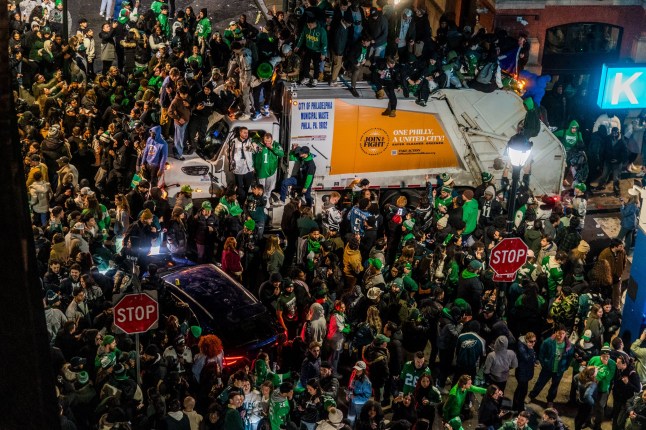 PHILADELPHIA, UNITED STATES - FEBRUARY 09: People celebrate following the Philadelphia Eagles Super Bowl win in Philadelphia, Pa. On February 9, 2025. The Philadelphia Eagles defeated the Kansas City Chiefs in the Super Bowl. (Photo by Thomas Hengge/Anadolu via Getty Images)