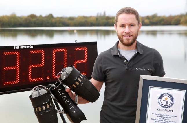 EDITORIAL USE ONLY Richard Browning, founder and pilot at Gravity Industries Ltd, sets the Guinness World Record for ’the fastest speed in a body-controlled jet engine power suit’, at Lagoona Park in Reading, in celebration of Guinness World Records Day 2017.