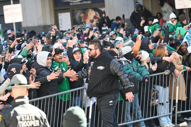 Mandatory Credit: Photo by Ricky Fitchett/ZUMA Press Wire/Shutterstock (15151603as) Eagles player LANDON DICKERSON, greats the fans during the Eagles Championship parade on Broad Street in Philadelphia PA NFL 2025 Philadelphia Eagles Championship Parade.., Pennsylvania, United States - 14 Feb 2025