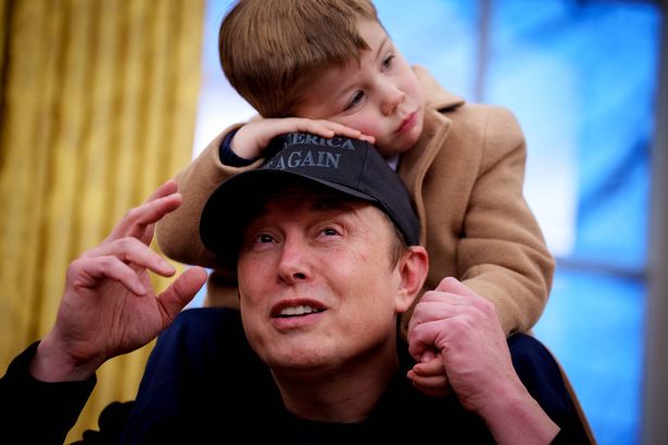 X Musk sits on the shoulders of his father, Tesla and SpaceX CEO Elon Musk, as they join U.S. President Donald Trump for an executive order signing in the Oval Office at the White House on February 11, 2025 eidqiqdkiqrinv