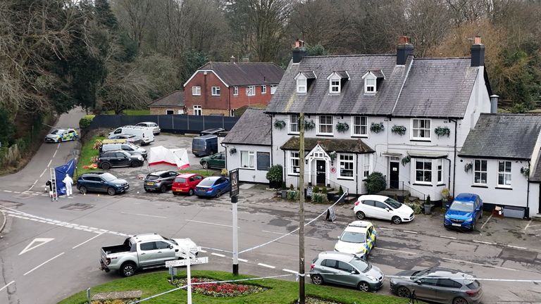 A police cordon at the Three Horseshoes pub in Knockholt, Sevenoaks in Kent, after emergency services were called just after 7pm on Friday amid reports a woman had suffered serious injuries. A male suspect fled the scene and is yet to be found. Picture date: Saturday February 15, 2025 eidqiqxeiderinv