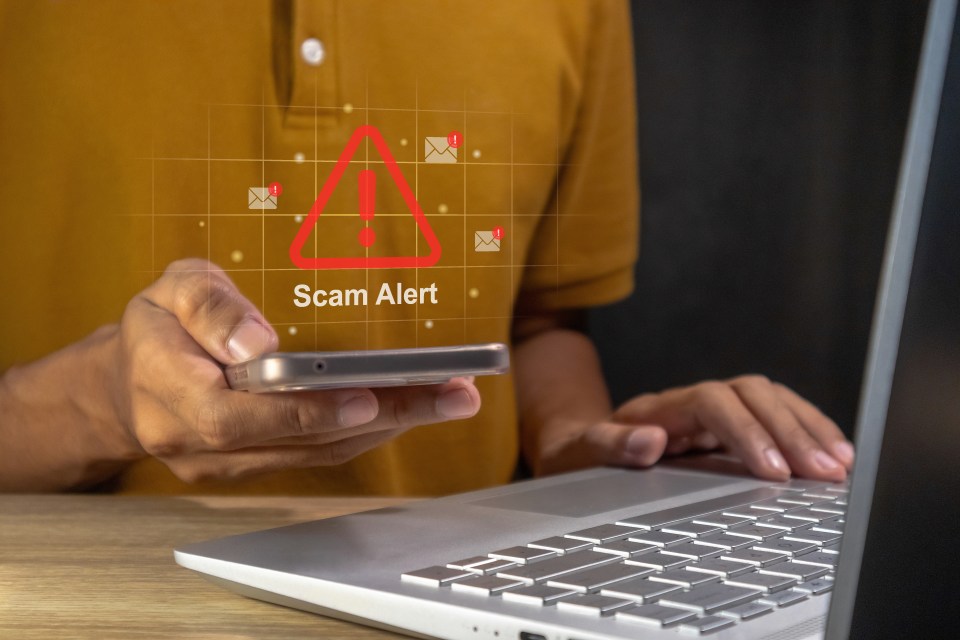 Person receives scam alert on their smartphone while working on a laptop. eiqrridzziqtkinv