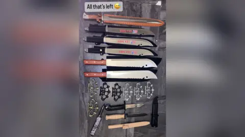 Police handout A screengrab from Petrescu’s social media page offering a range of knives for sale including serrated machetes - now likely classed as "zombie-style knives" - as well as shorter knives and knuckledusters, with a message saying "All that’s left" with a smiley emoticon. 