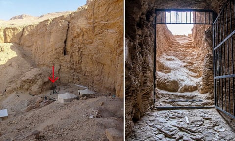 Two images divided vertically; on the left, a small group of people highlighted alongside a sunny cliff, and on the right, the remains of a staircase leading underground with an open gate. eiqreideuiqeqinv