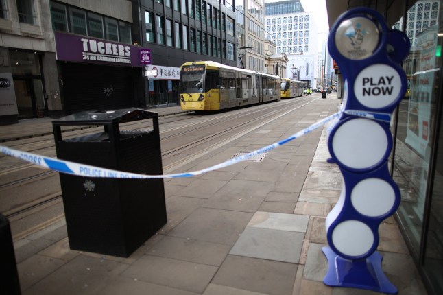 Image ??Licensed to Parsons Media. 22/02/2025. Manchester, United Kingdom. General view of The scene on Mosley Street Manchester City centre after a collision between a Mercedes van and a tram. A 3 year old girl has died in the collision. Picture by Ryan Jenkinson / Parsons Media eiqeeiqxqiddxinv