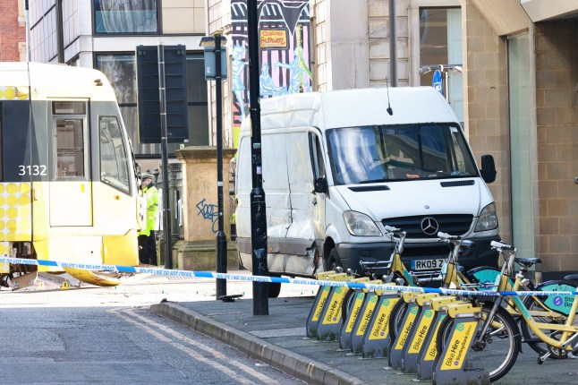 ?? Licensed to London News Pictures. 22/02/2025. Manchester, UK. A tram and a van have collided on Mosley Street resulting in the death of a three year old girl. The van driver is understood to have fled the scene. Photo credit: Joel Goodman/LNP