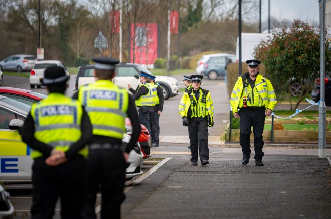 These dramatic pictures show a huge emergency response after a primary school was hit with a bomb threat. February 25 2025. Police raced to Badbury Park Primary School, in Rainscombe Road in Swindon, Wilts, at around 2.30pm today (Tuesday) ??? working to evacuate hundreds of children to safety. Around 25 police officers were in attendance alongside Hazardous Area Response Team ambulance crews and specially-trained fire officers. Numerous homes within a 200-metre radius of the school have also been evacuated, as has the local Co-op store.