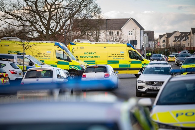 These dramatic pictures show a huge emergency response after a primary school was hit with a bomb threat. February 25 2025. Police raced to Badbury Park Primary School, in Rainscombe Road in Swindon, Wilts, at around 2.30pm today (Tuesday) ??? working to evacuate hundreds of children to safety. Around 25 police officers were in attendance alongside Hazardous Area Response Team ambulance crews and specially-trained fire officers. Numerous homes within a 200-metre radius of the school have also been evacuated, as has the local Co-op store. qhiqhuiqutiqrinv