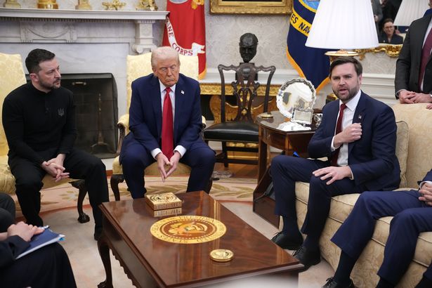 U.S. President Donald Trump and Vice President JD Vance meet with Ukrainian President Volodymyr Zelensky in the Oval Office