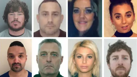 National Trading Standards (NTS) Police mugshots or selfies showing Michael Foster, Jamie Peters, Lisa Foster, Emily Newall, Atif Qadar, Paul Fleury, Aslihan Foster and Paul Evans. They are arranged in two rows of four, one on top of the other and showing the people left to right in the order as listed. eiqrtidzideuinv