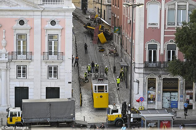 Carris personnel inspect the wrecked Gloria funicular on September 4