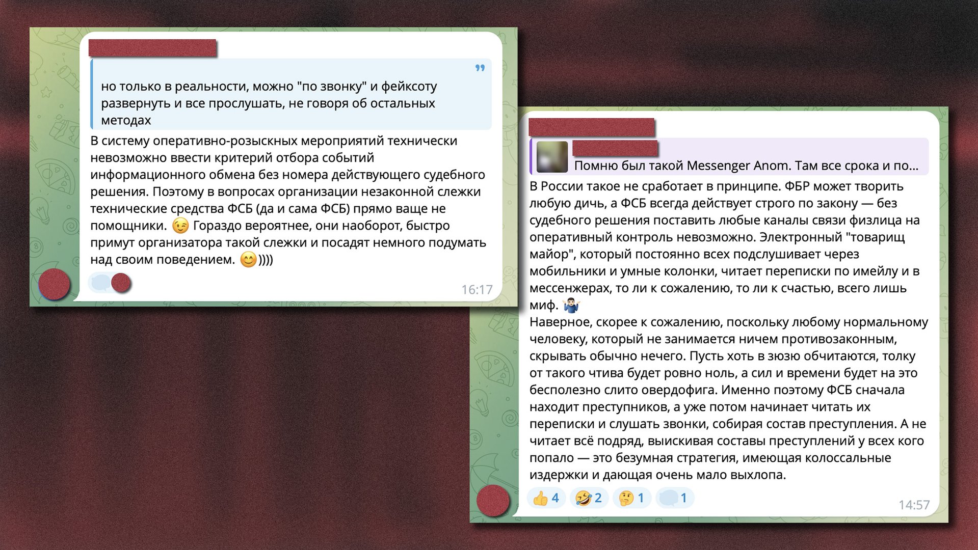 A Citadel employee is reassuring his chatmates that the FSB always acts strictly within the law